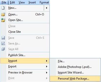 File - Import menu in Expression Web 2 or 1