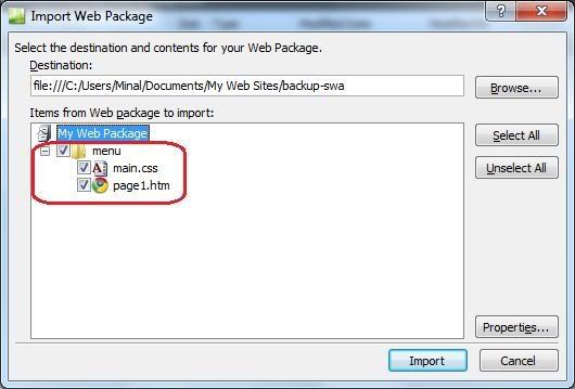 Import Web Package dialog box