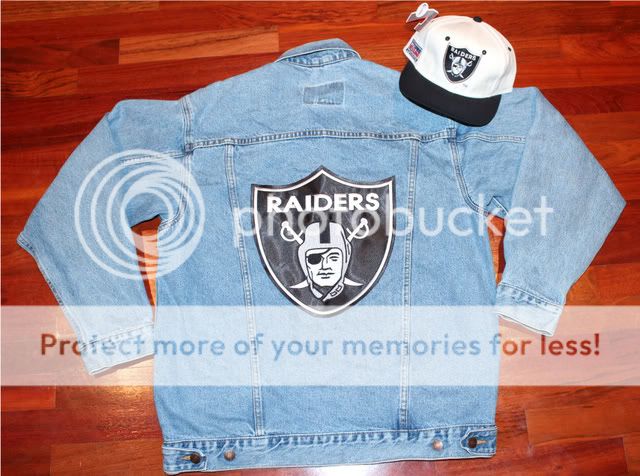 VTG Los Angeles Raiders Blue Jean Jacket Crewneck Sweater Sweat Shirt 