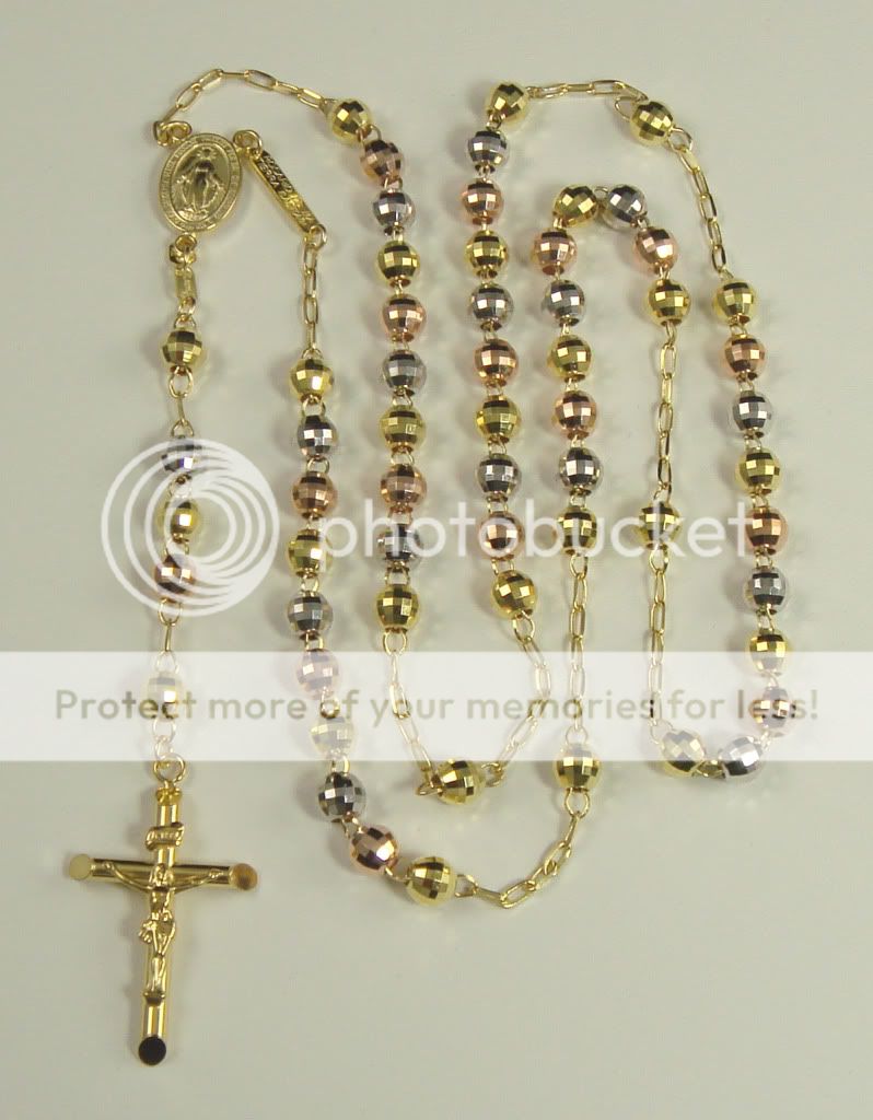   description 14k solid tricolor gold virgin mary milagrosa rosary