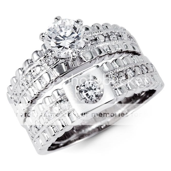 14k white gold round cz engagement wedding 2 ring set