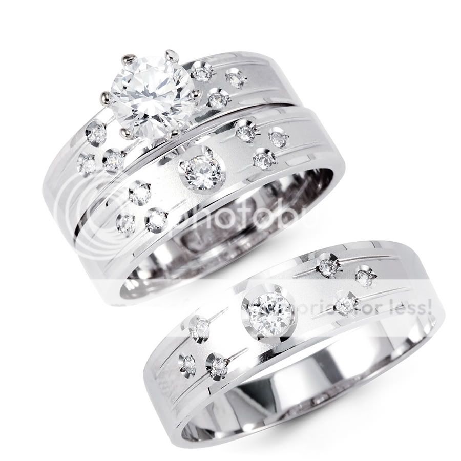 14k solid white gold cz engagement wedding 3 ring set