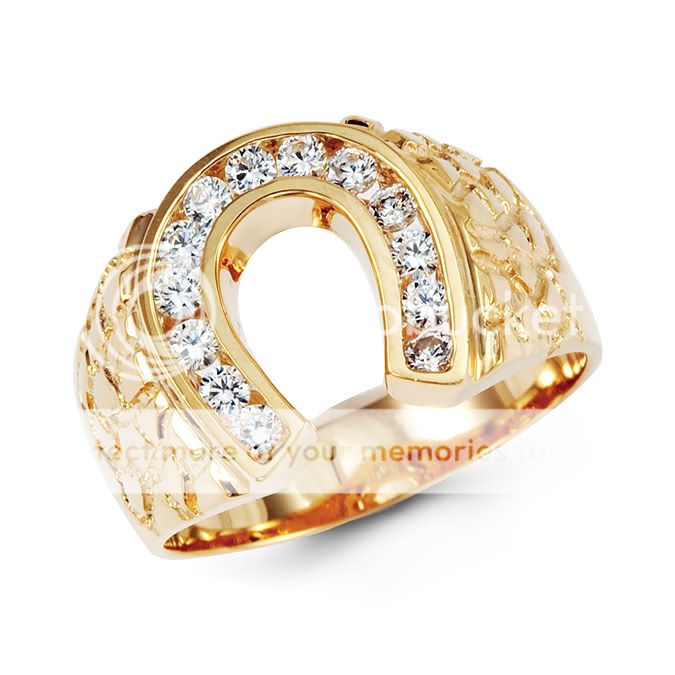 14K Yellow Gold Mens Horseshoe Round CZ Nugget Ring  